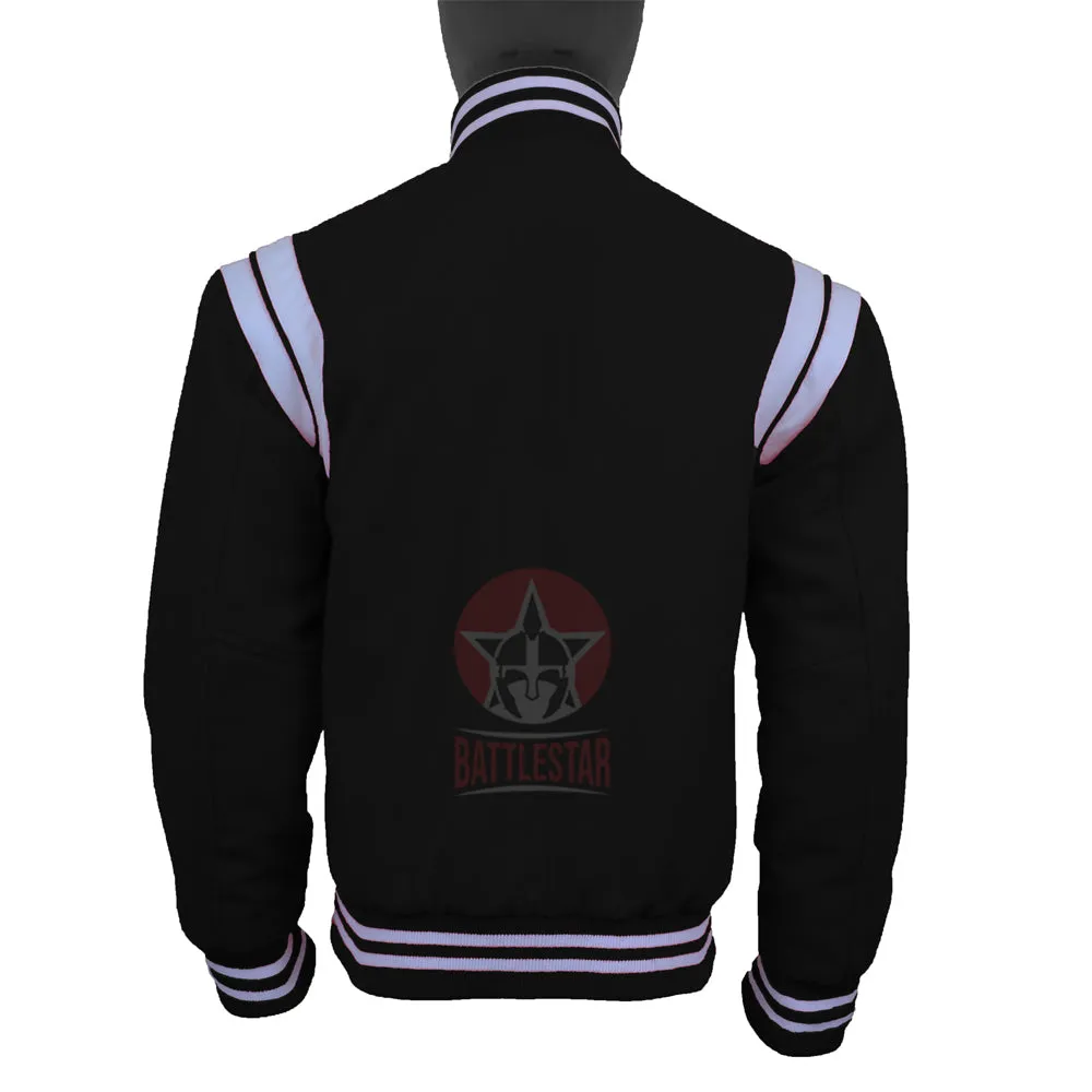 Black Wool White Leather Stripes Stylish Varsity Jacket