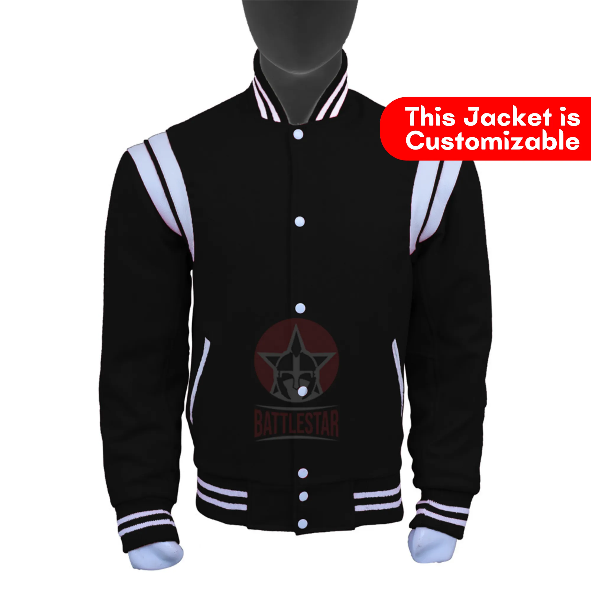 Black Wool White Leather Stripes Stylish Varsity Jacket