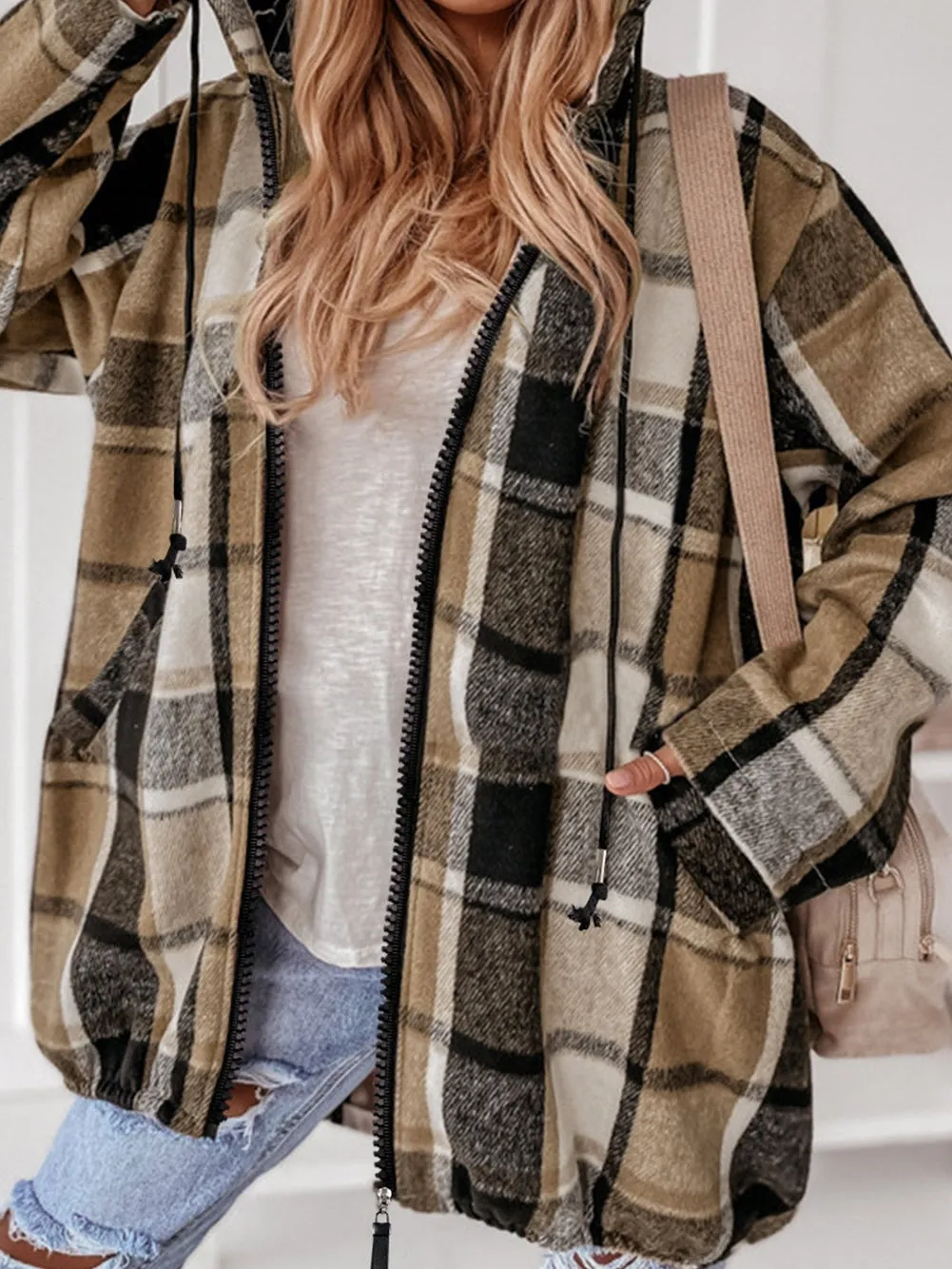 Brown Plaid Drawstring Hooded Zip-Up Jacket with Stylish Checkered Design