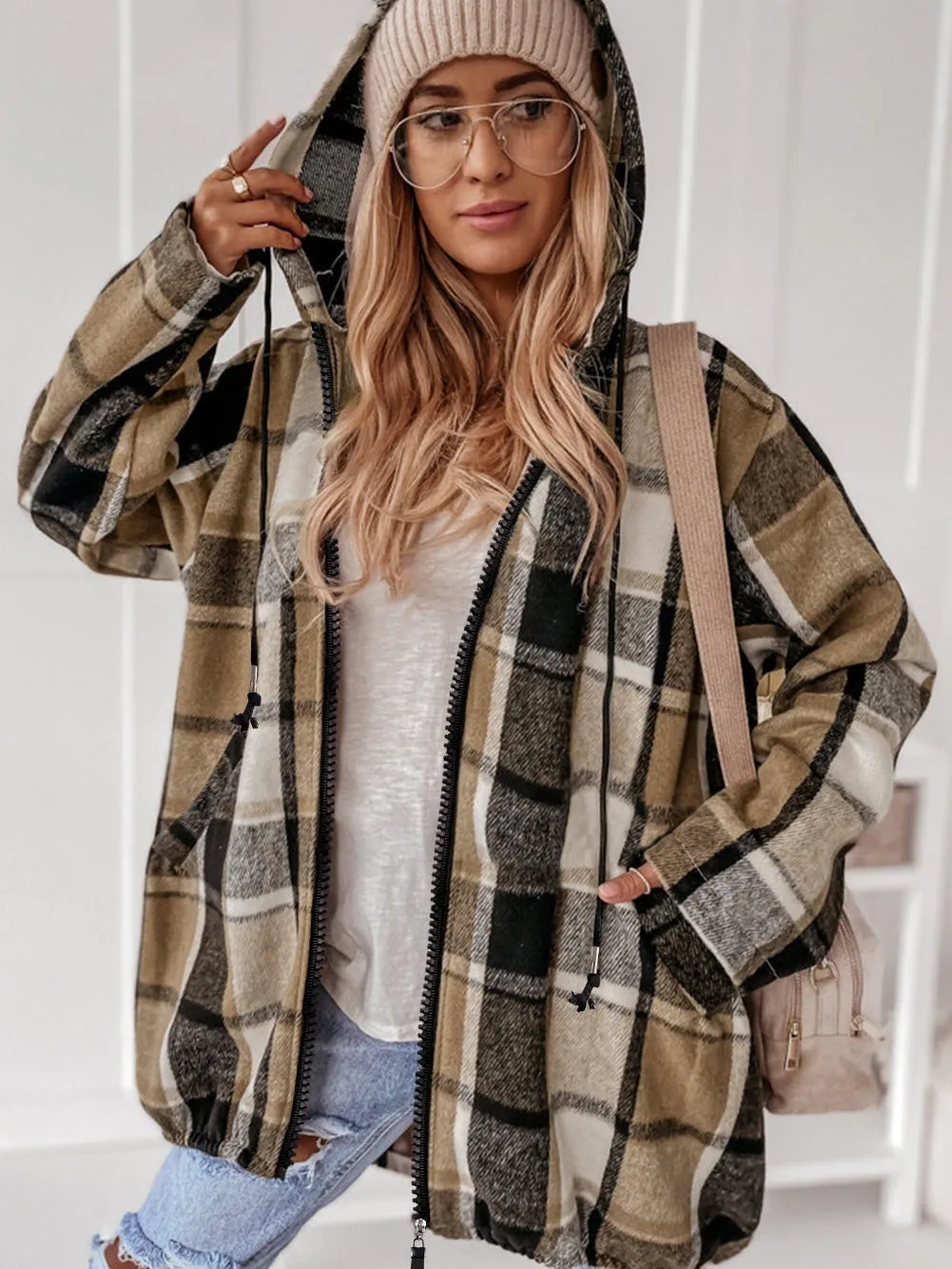 Brown Plaid Drawstring Hooded Zip-Up Jacket with Stylish Checkered Design