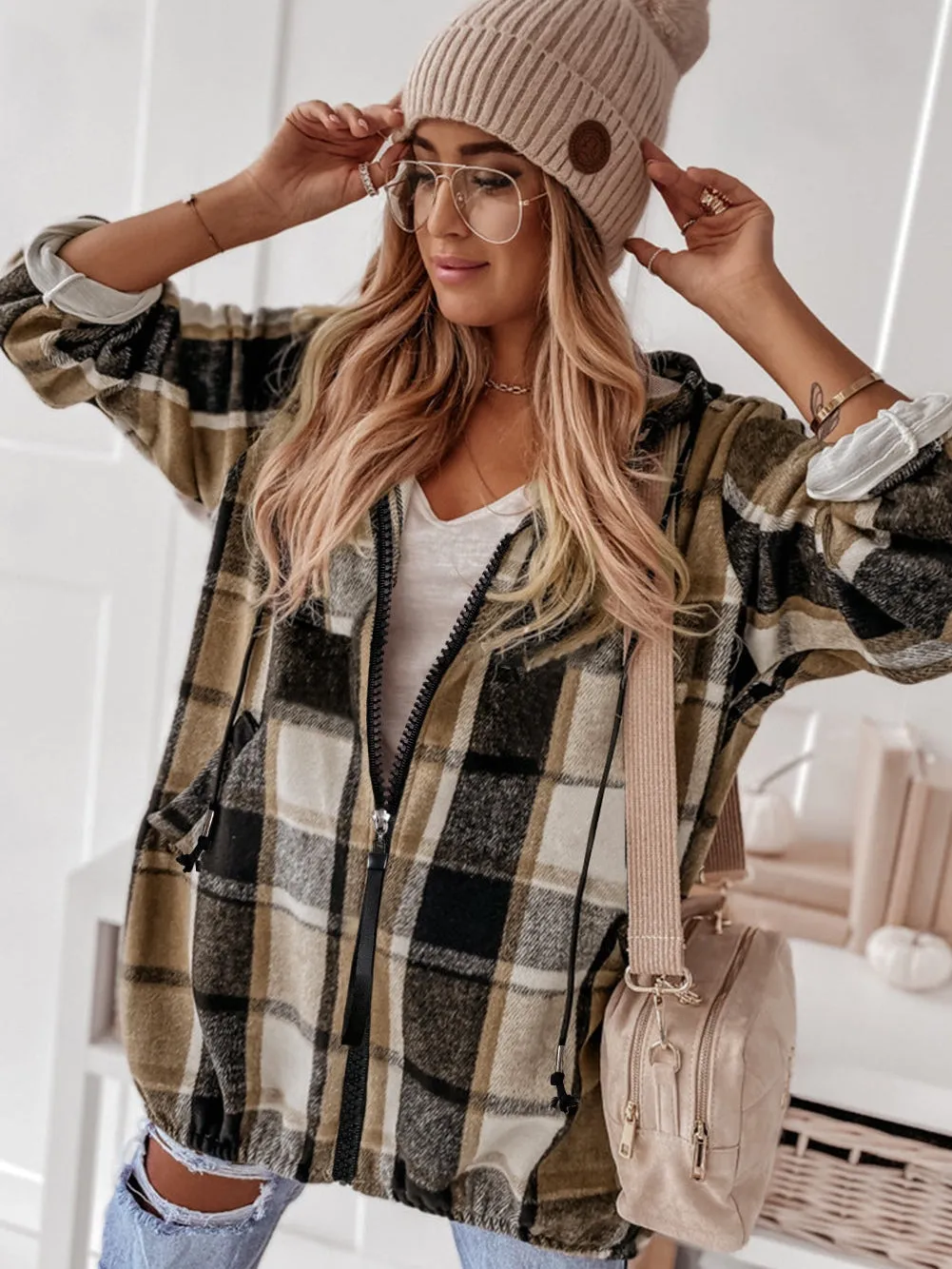 Brown Plaid Drawstring Hooded Zip-Up Jacket with Stylish Checkered Design