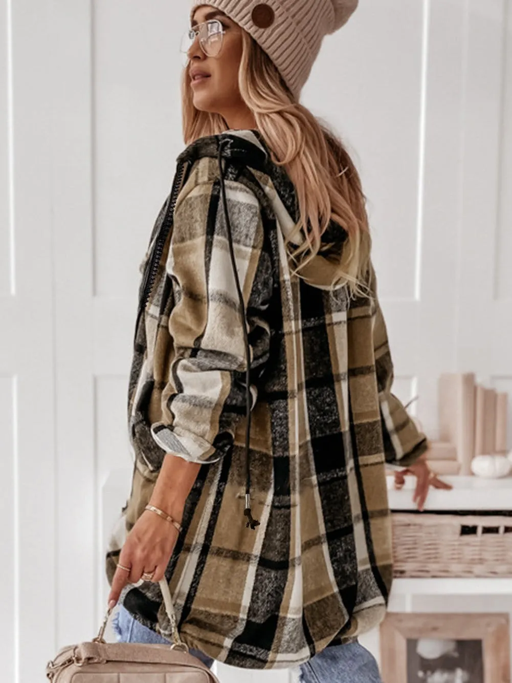 Brown Plaid Drawstring Hooded Zip-Up Jacket with Stylish Checkered Design