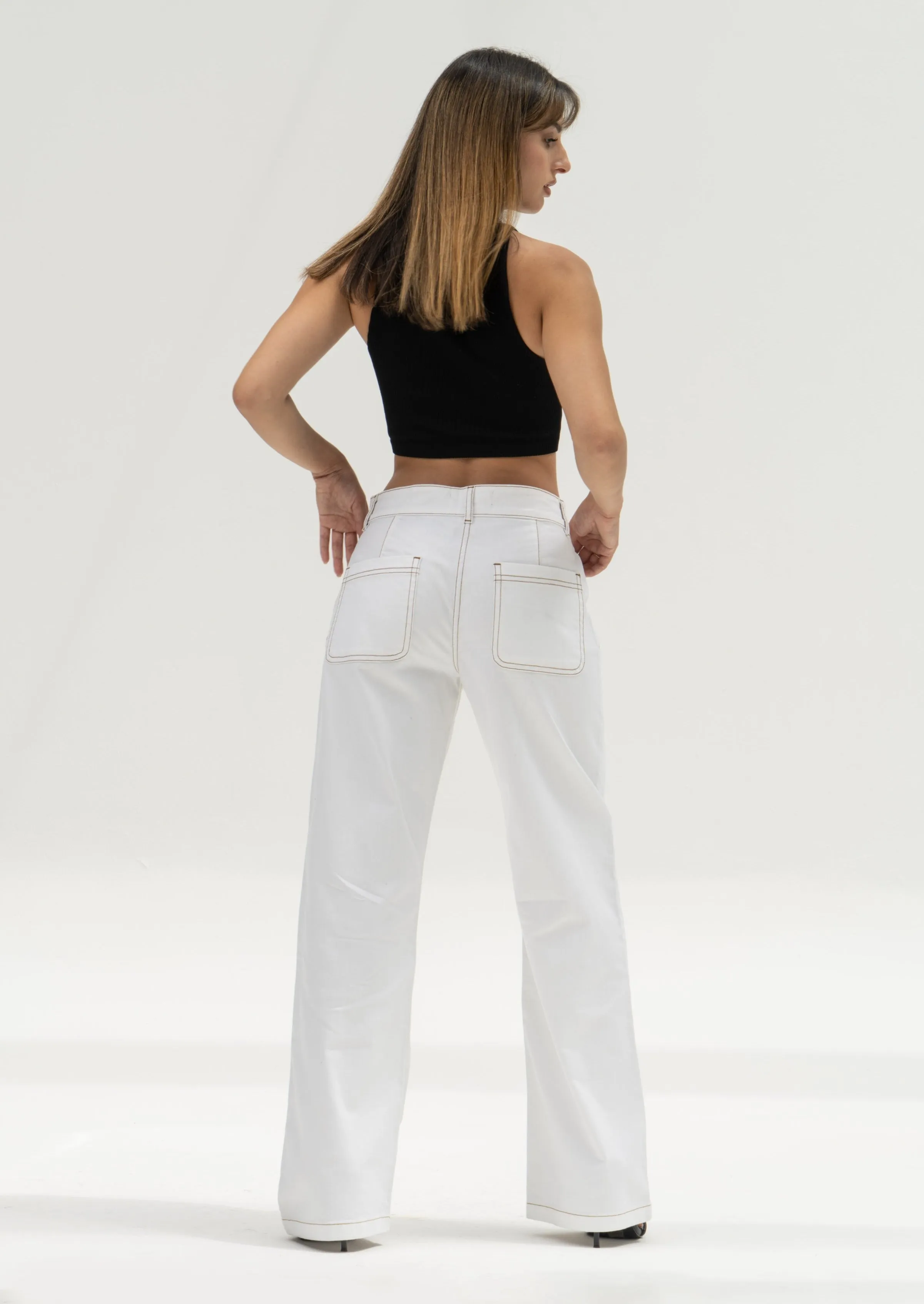 Contrast Stitch White Jeans