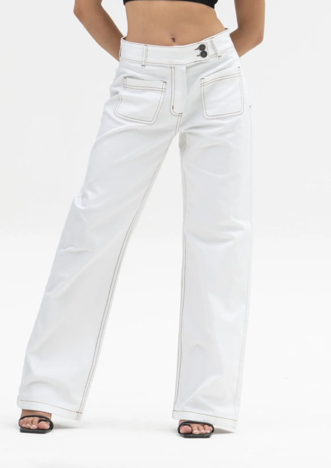 Contrast Stitch White Jeans