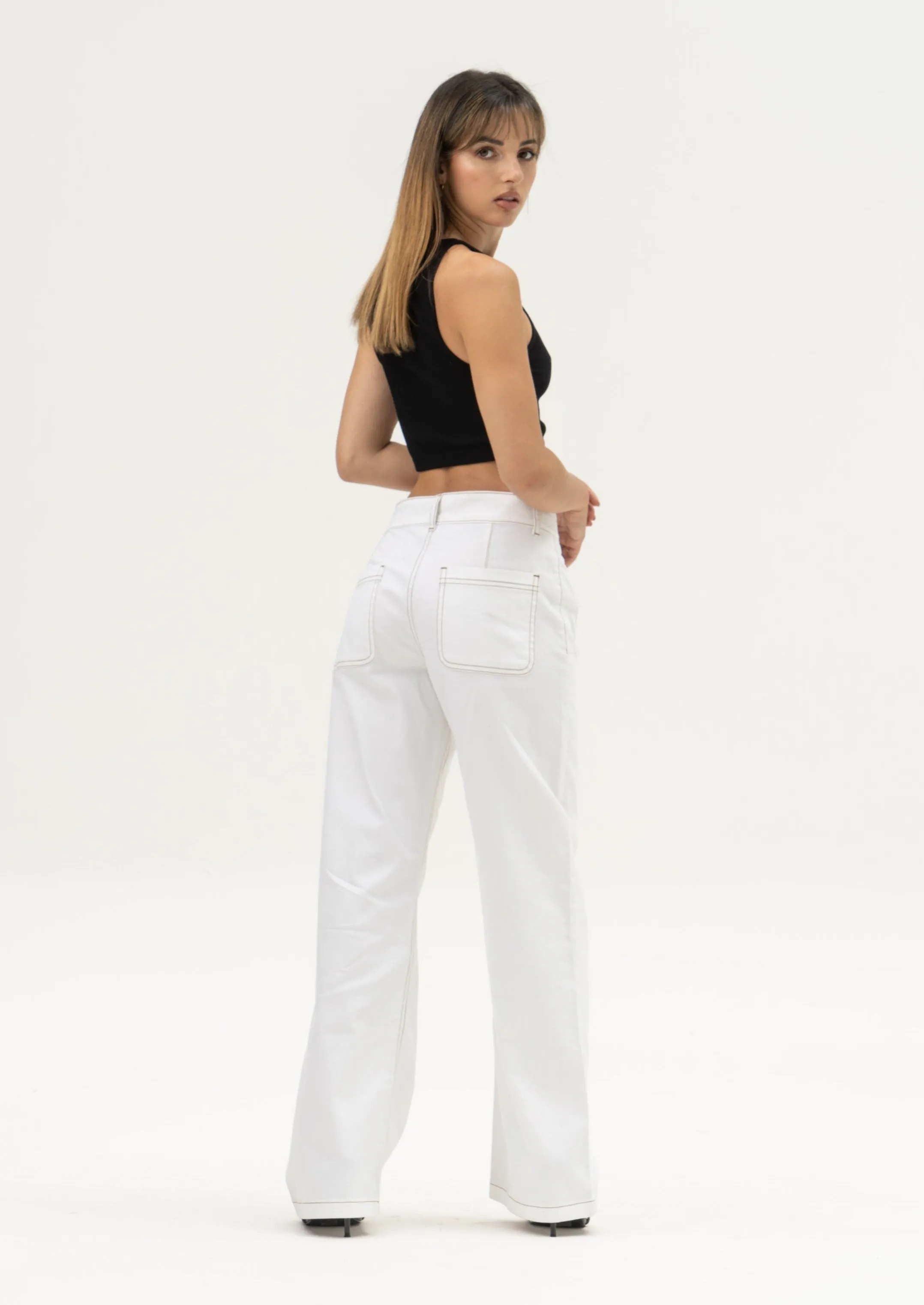 Contrast Stitch White Jeans