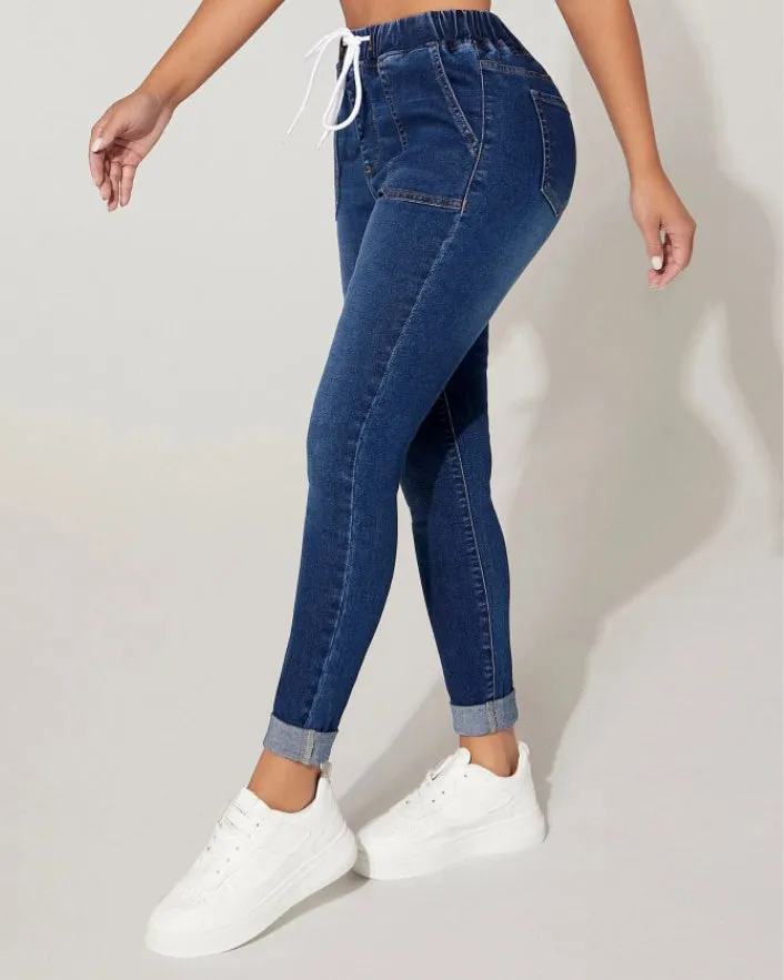 Drawstring Elastic Waist High Stretch Cropped Jeans