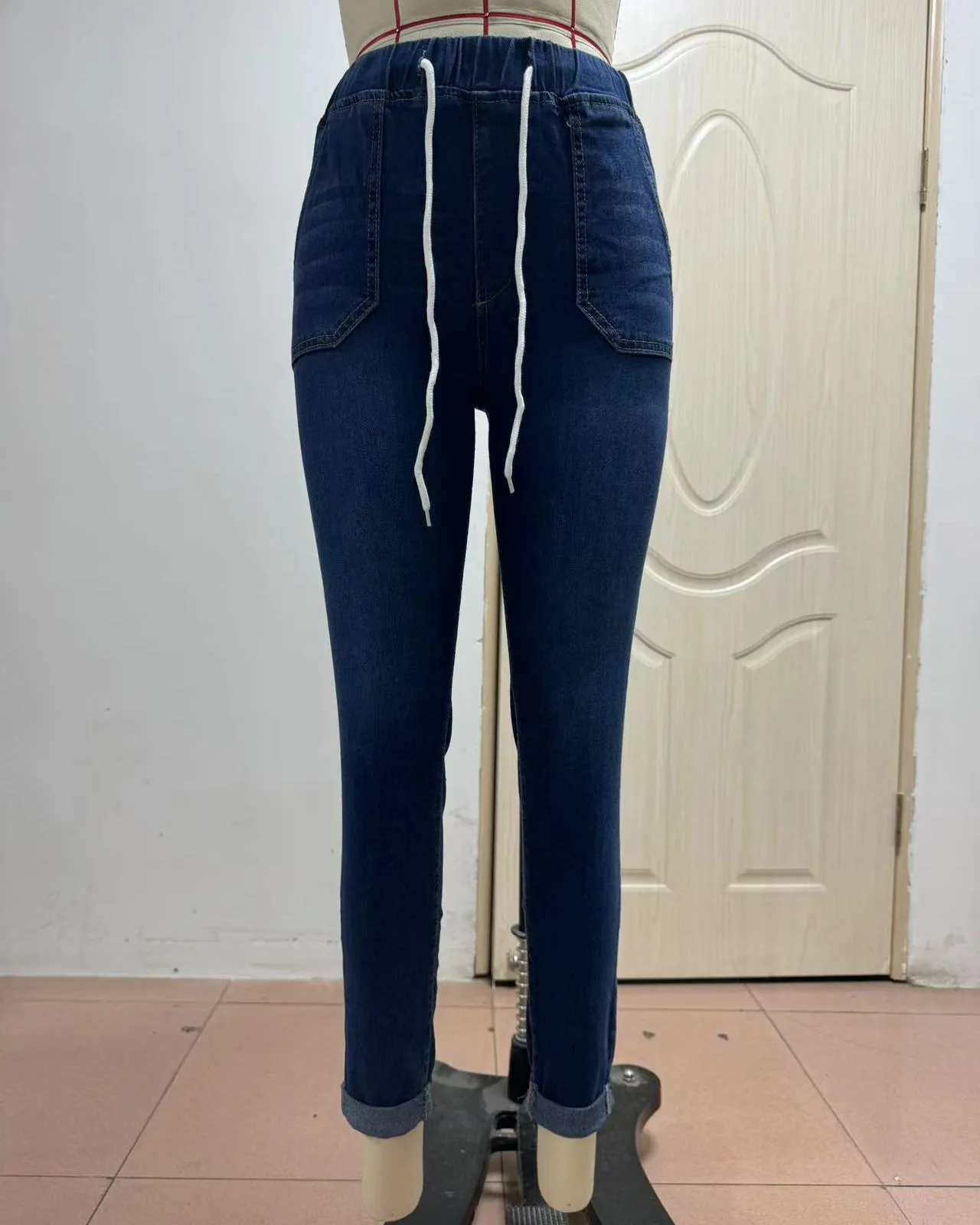 Drawstring Elastic Waist High Stretch Cropped Jeans