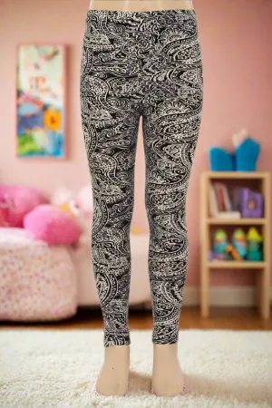 Girls Paisley Leggings, Kids Yoga Pants, Sizes S/L, No-Roll Waist, Black/White