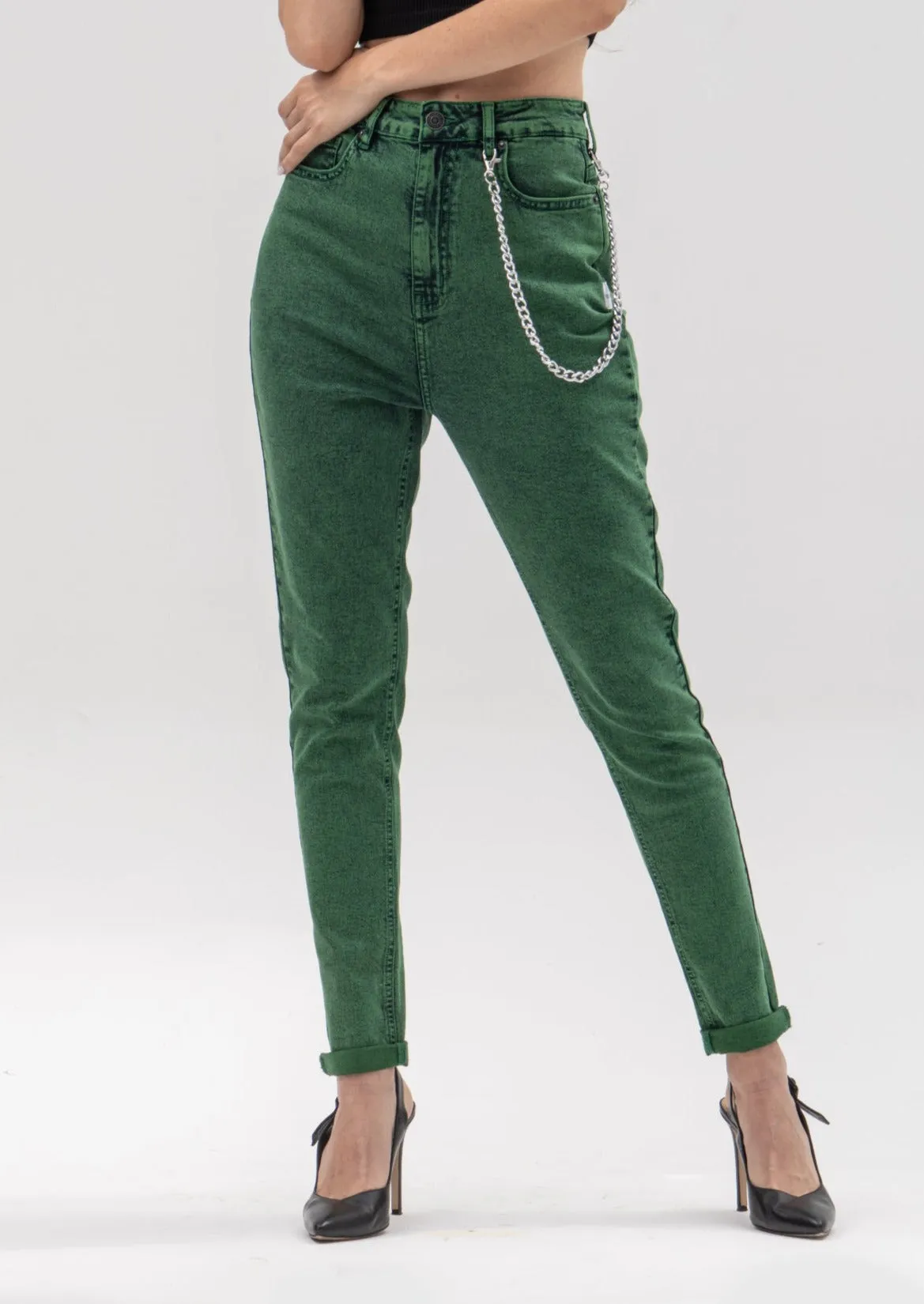 Green Turn-Up Skinny Jeans