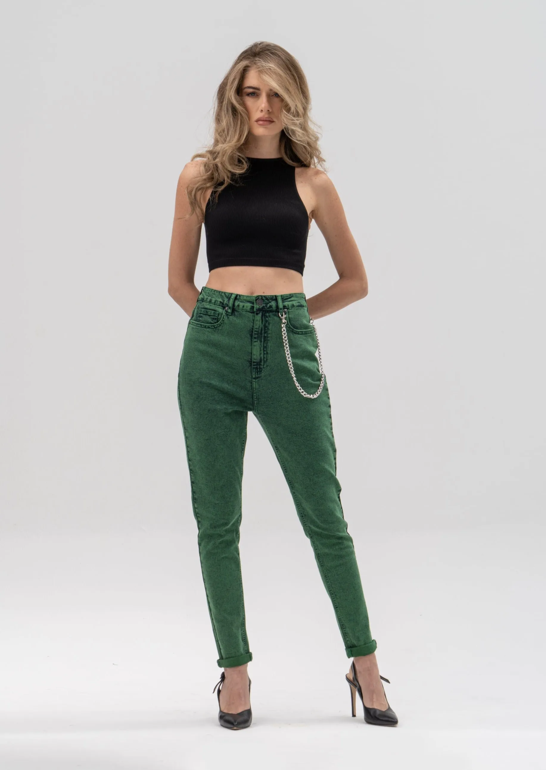 Green Turn-Up Skinny Jeans