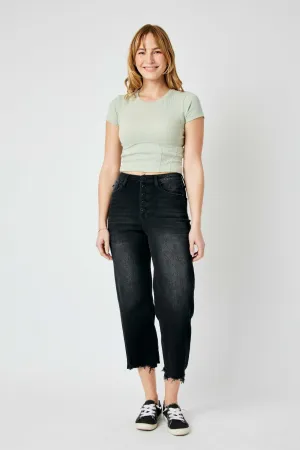 Judy Blue High Waist Black Destroy Raw Hem Wide Crop Jean