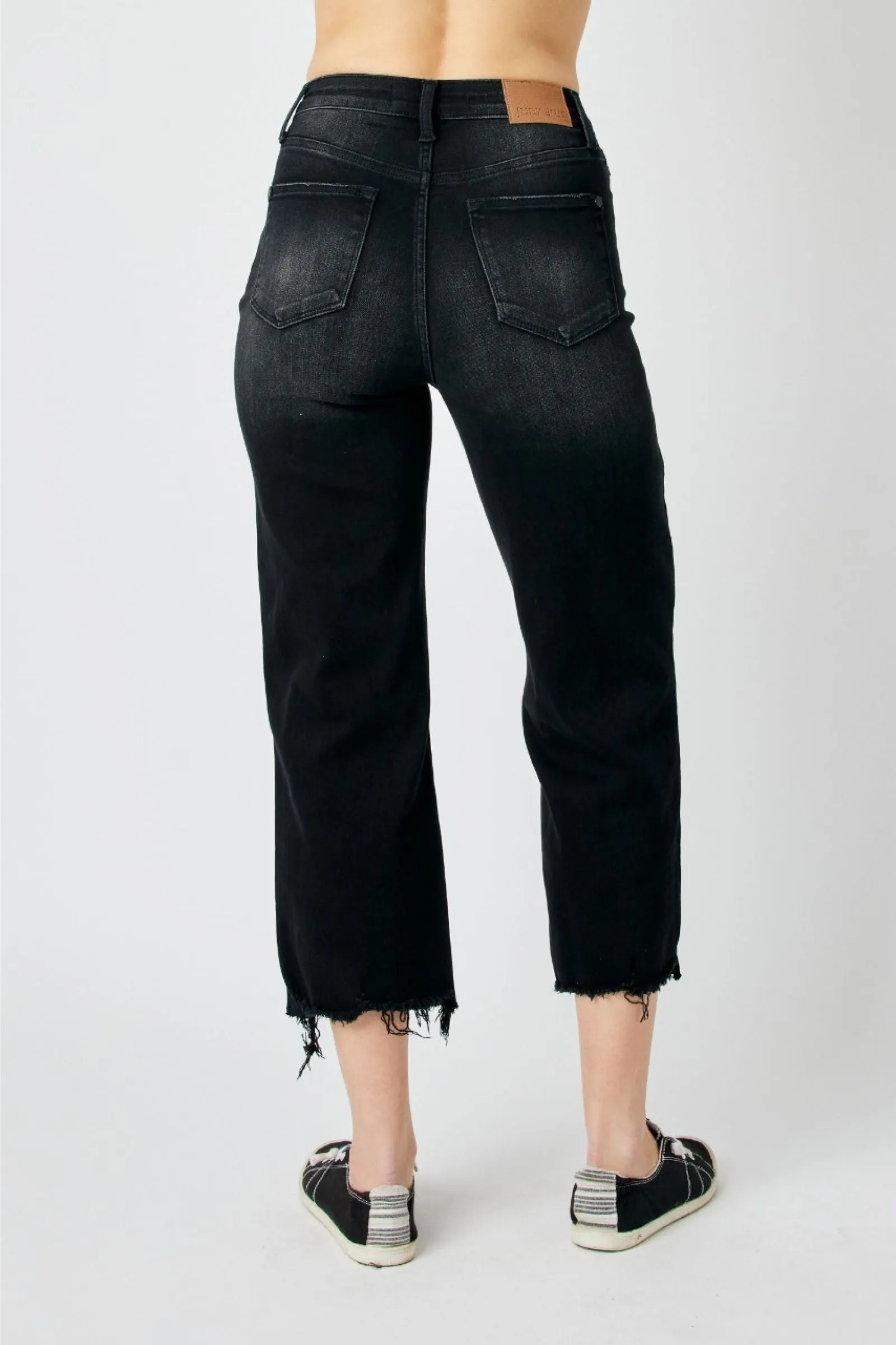 Judy Blue High Waist Black Destroy Raw Hem Wide Crop Jean