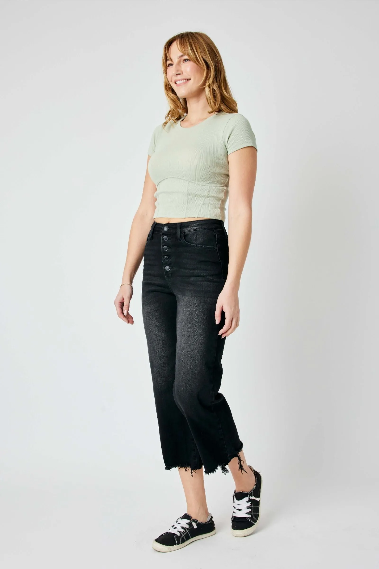 Judy Blue High Waist Black Destroy Raw Hem Wide Crop Jean