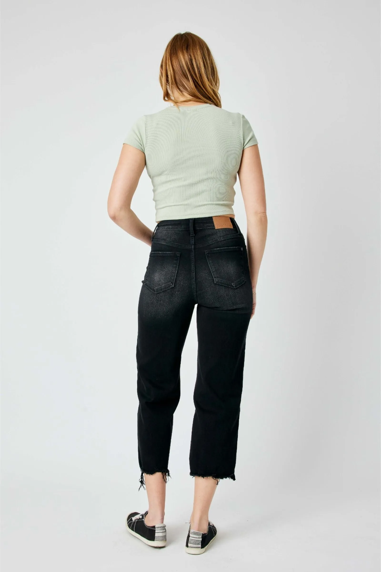 Judy Blue High Waist Black Destroy Raw Hem Wide Crop Jean