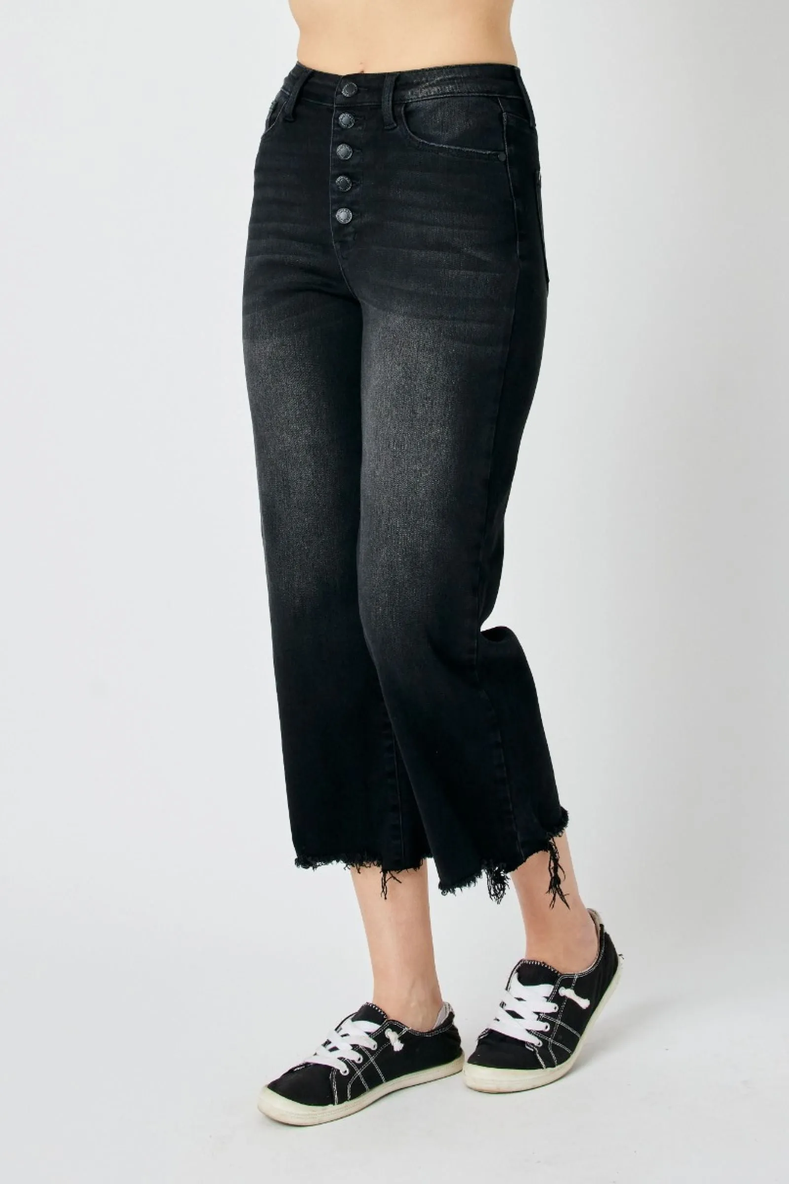 Judy Blue High Waist Black Destroy Raw Hem Wide Crop Jean