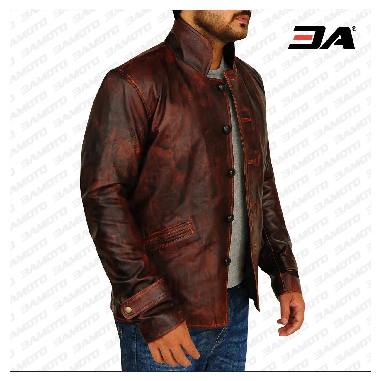 Men Dark Brown Distressed Leather Jacket