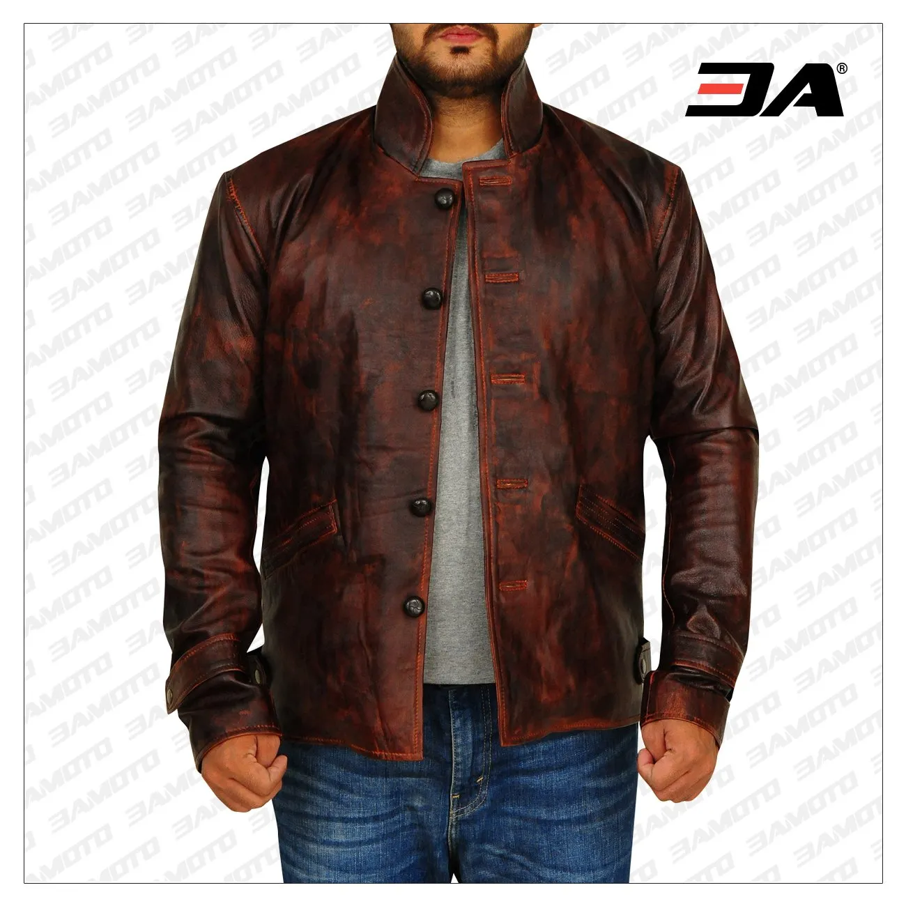 Men Dark Brown Distressed Leather Jacket