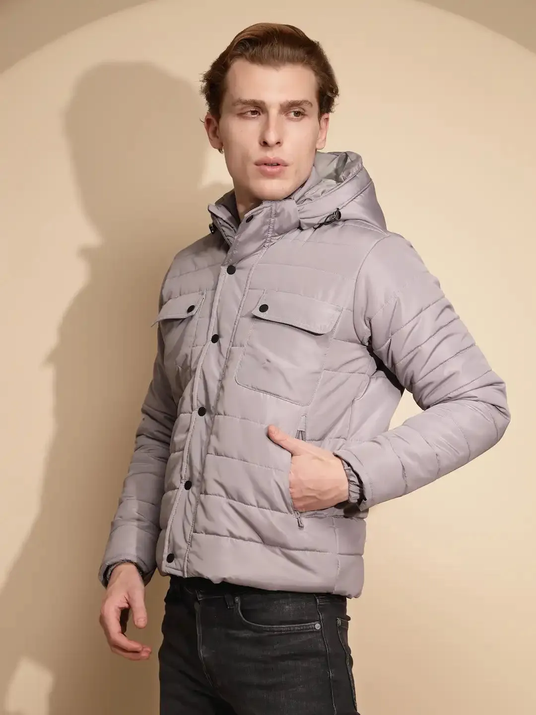 Men Light Grey Solid Full Sleeve Polycotton Hooded Puffer Jacket