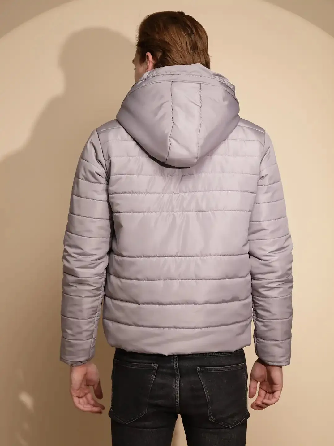 Men Light Grey Solid Full Sleeve Polycotton Hooded Puffer Jacket