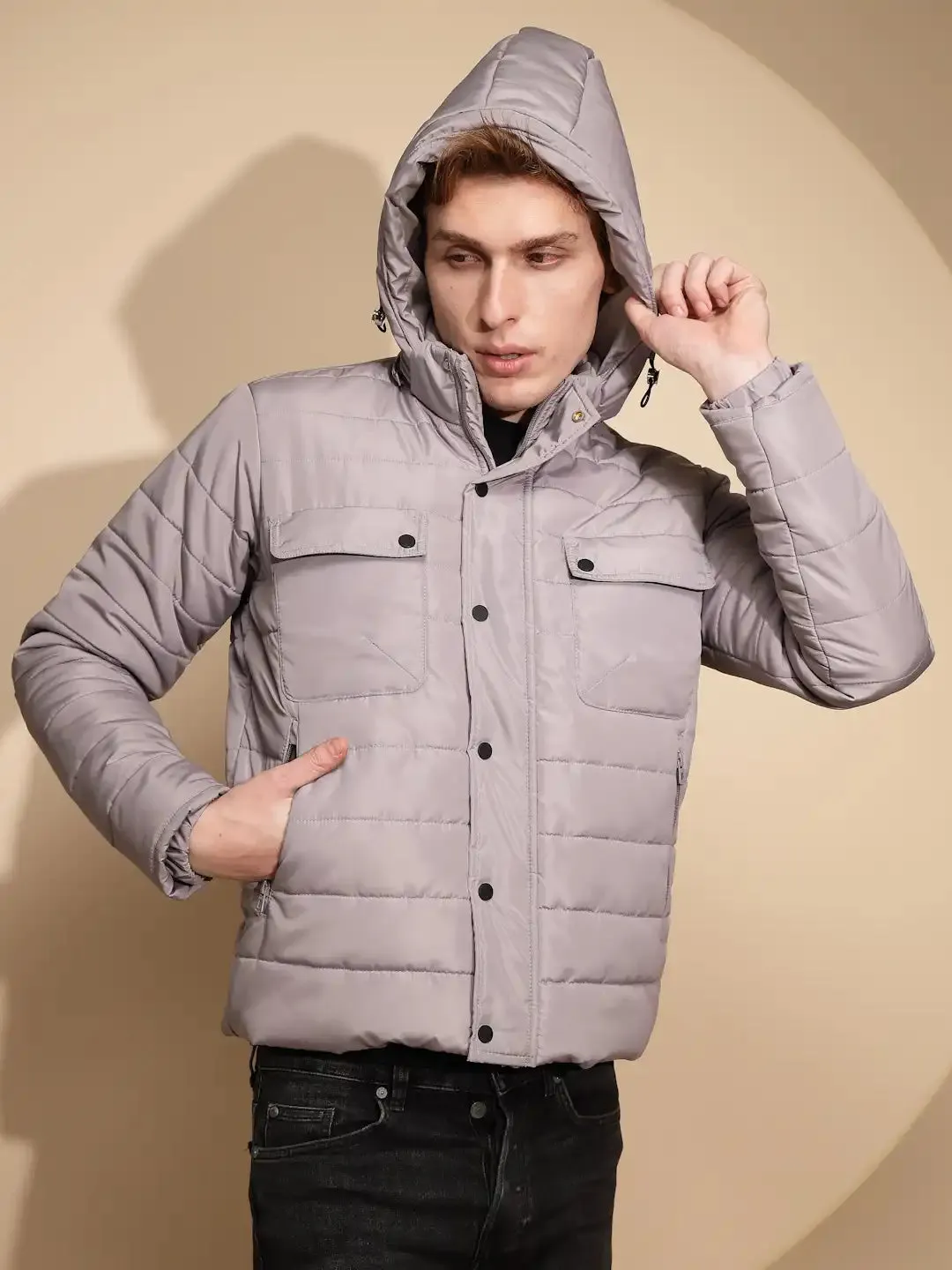 Men Light Grey Solid Full Sleeve Polycotton Hooded Puffer Jacket