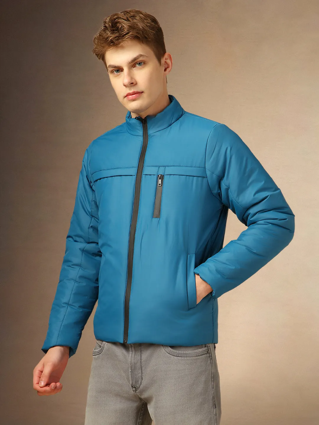 Men's Blue Solid Mock Collar Full Sleeves Jackets