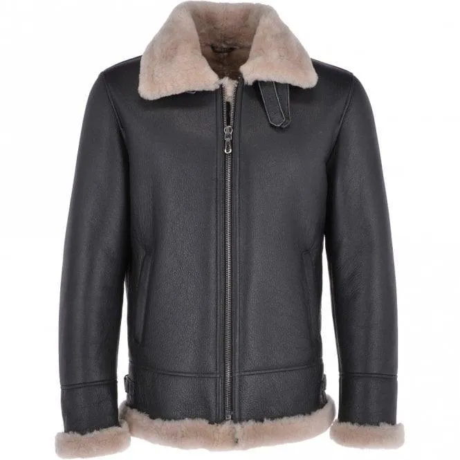 Men's Classic Brown Shearling Black Leather Bomber Jacket