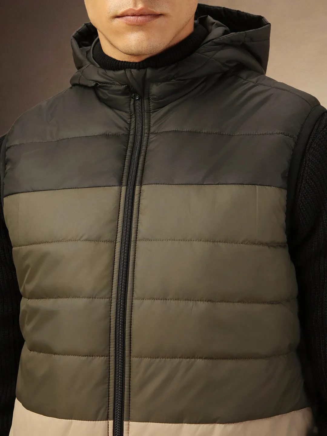 Men's Olive & Black Colorblock Hooded Gilet Jacket