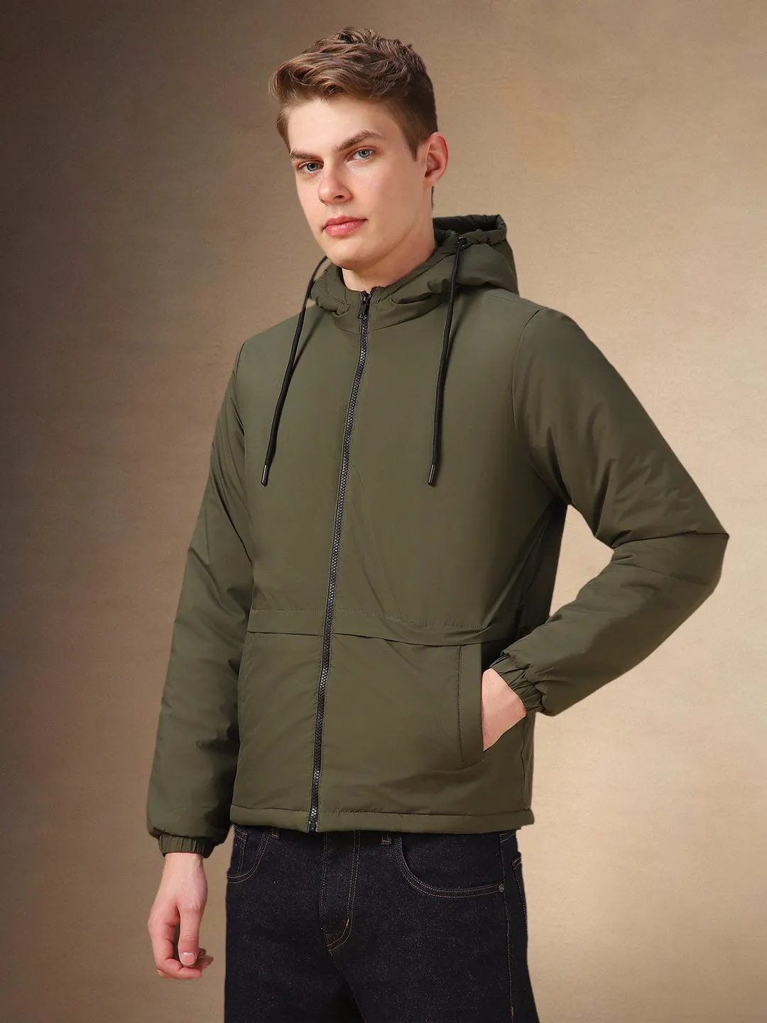 Men's Olive Solid Hooded Full Sleeves Jacket