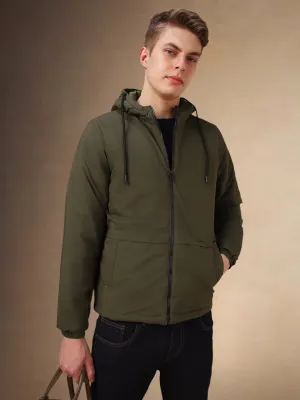 Men's Olive Solid Hooded Full Sleeves Jacket