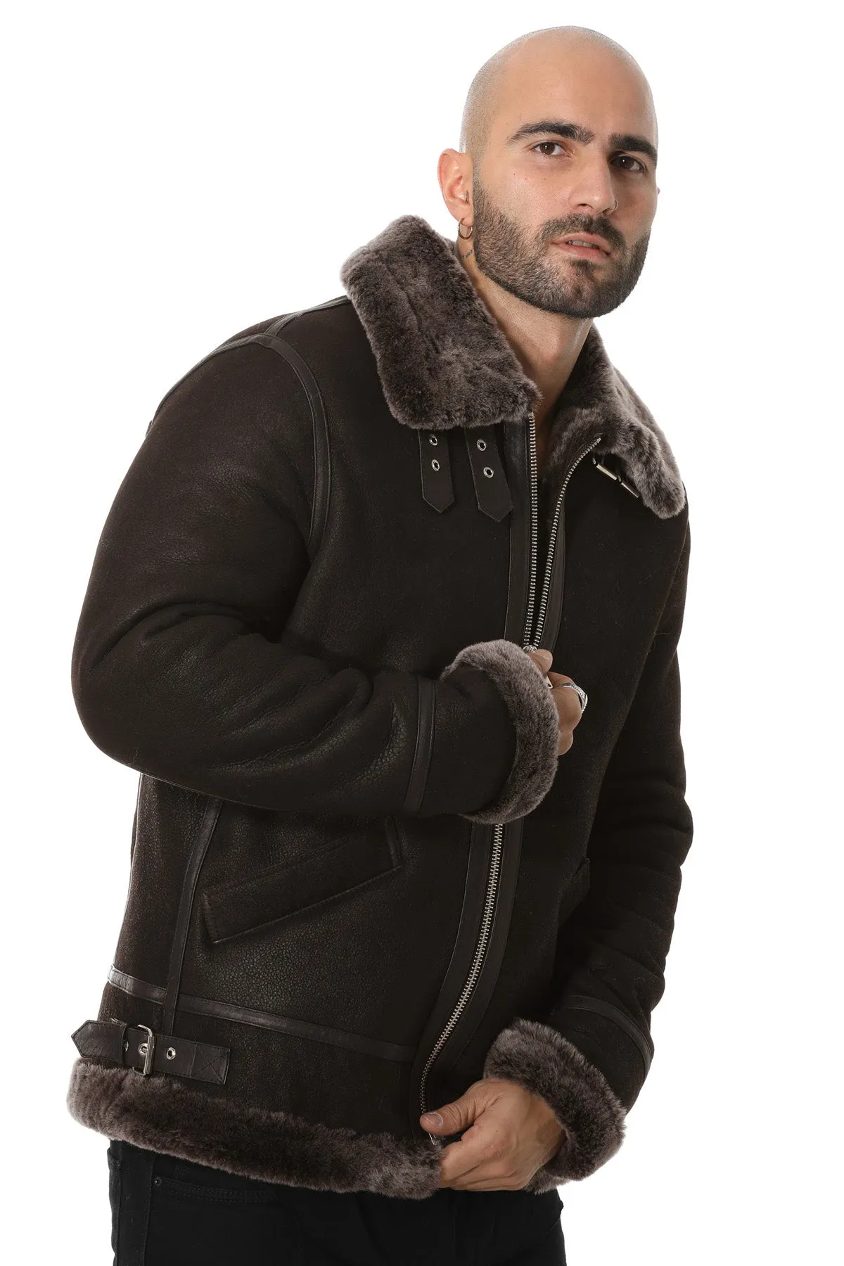 Men's Shearling Aviator Jacket, Washed Brown with Brissa Wool