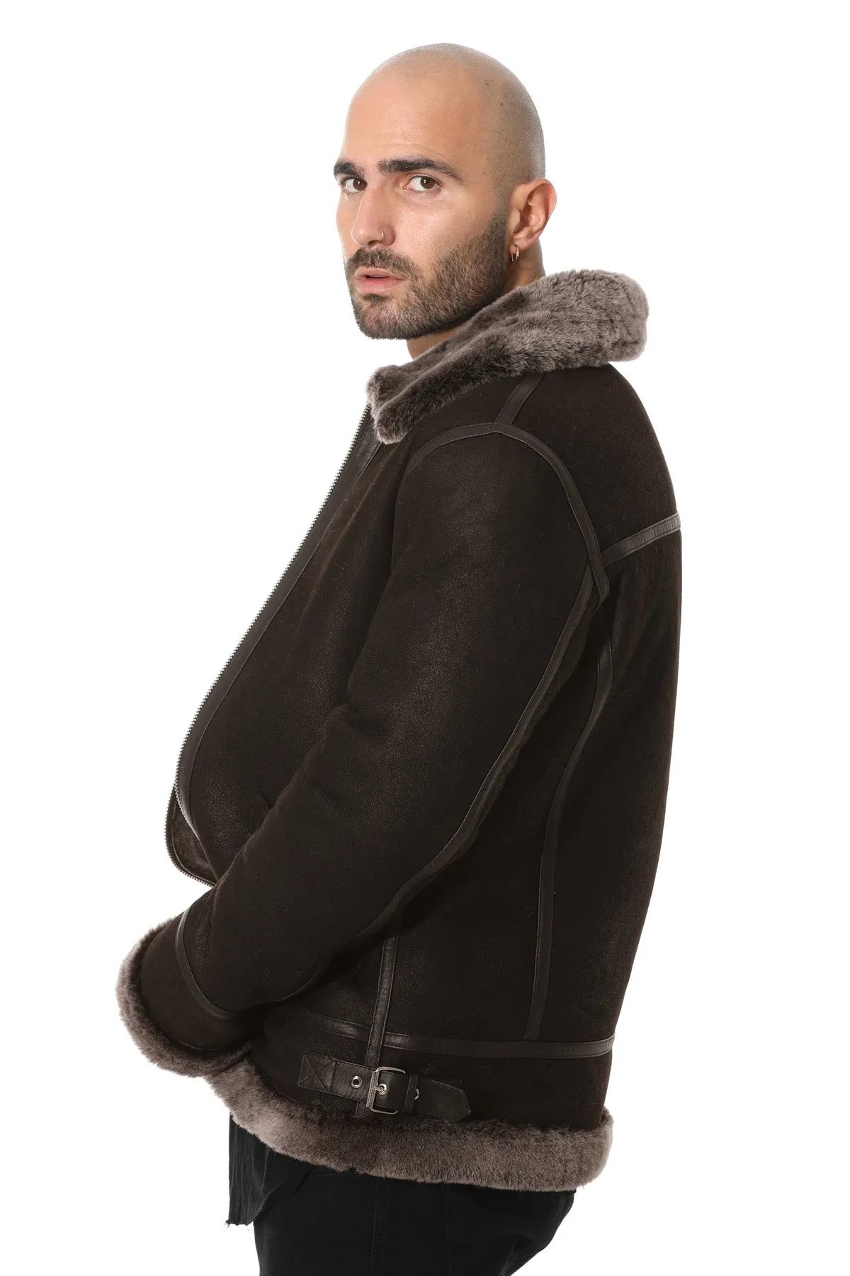 Men's Shearling Aviator Jacket, Washed Brown with Brissa Wool