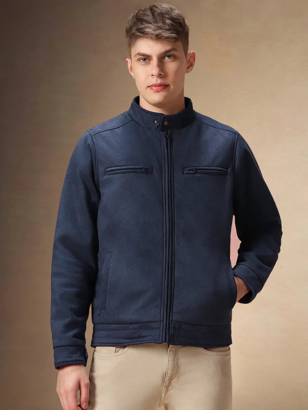 Men's Solid Navy Blue Full Sleeves Mock Neck Jacket