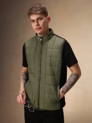 Men's Solid Olive Stand Collar Sleeveless Gilet Jacket