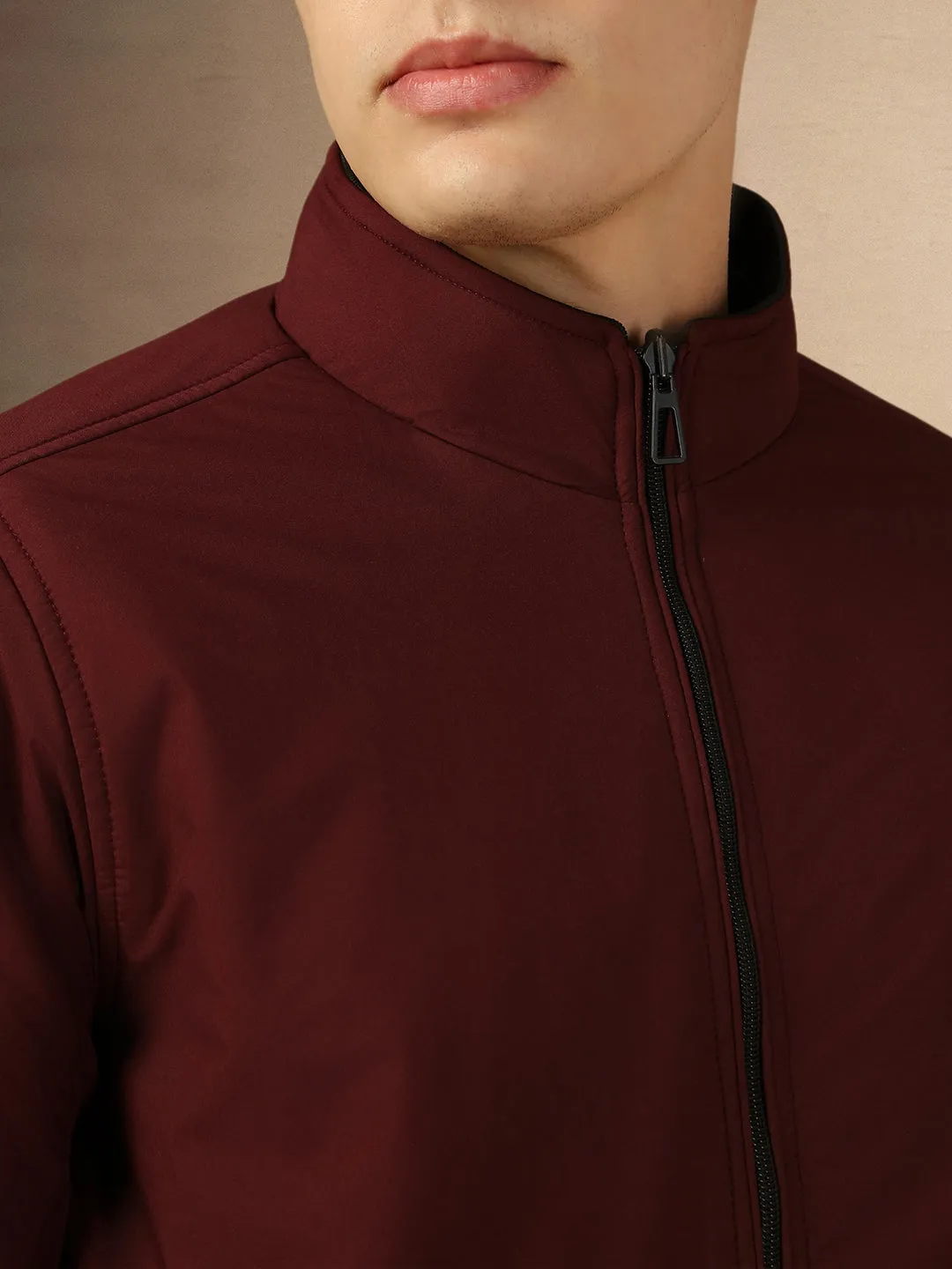 Men's Wine Solid Mock Neck Full Sleeves Regular Fit Padded Jacket