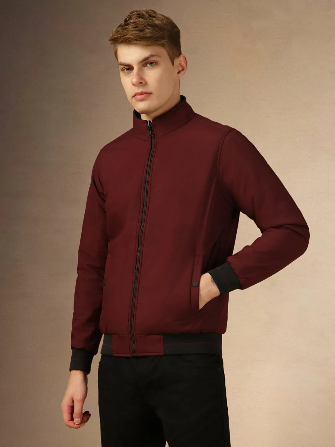 Men's Wine Solid Mock Neck Full Sleeves Regular Fit Padded Jacket