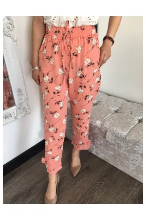 Pink Small Print Floral Pleat Hem Trousers