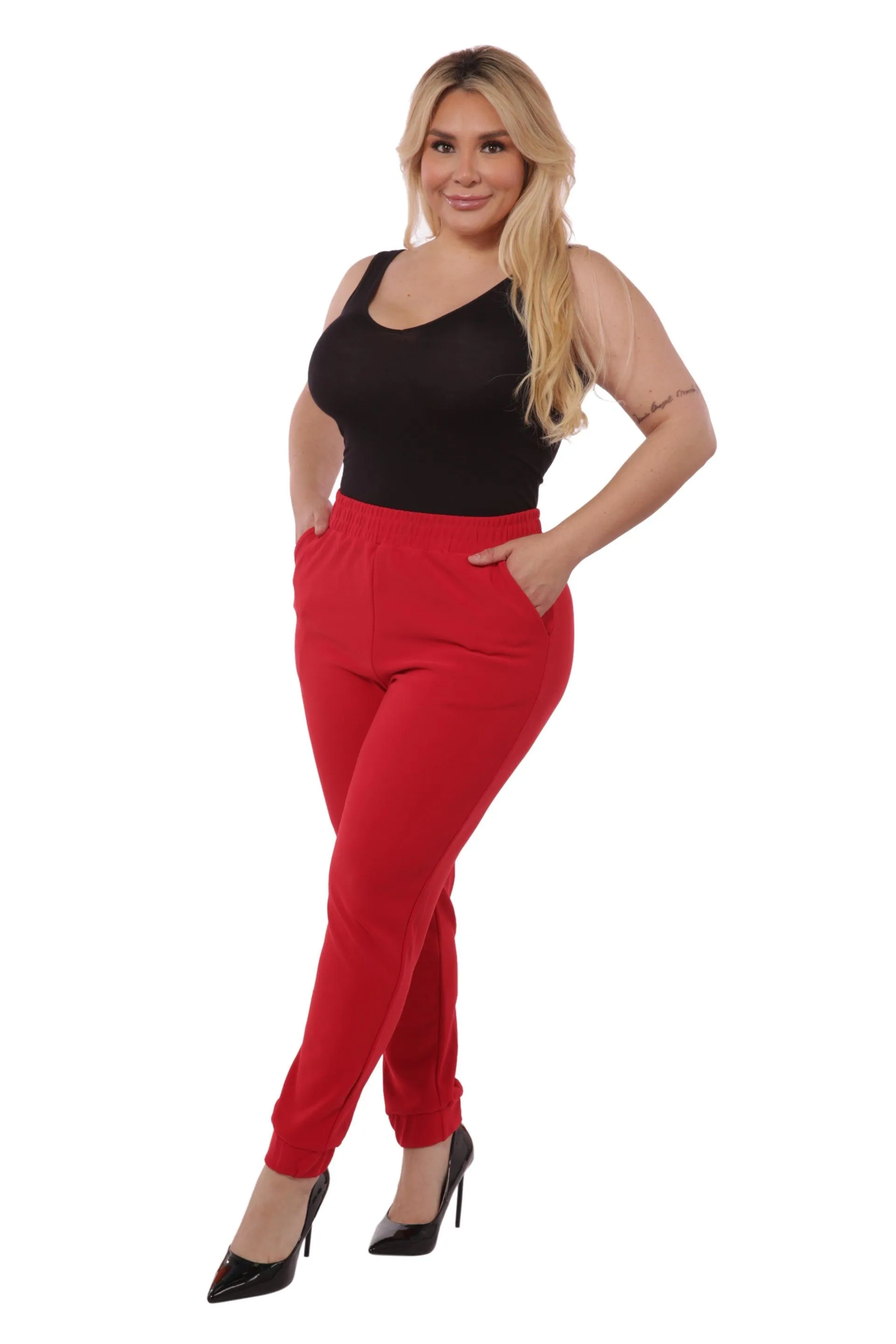 Plus Size Shirred Waist & Cuff Joggers With Pockets - Red