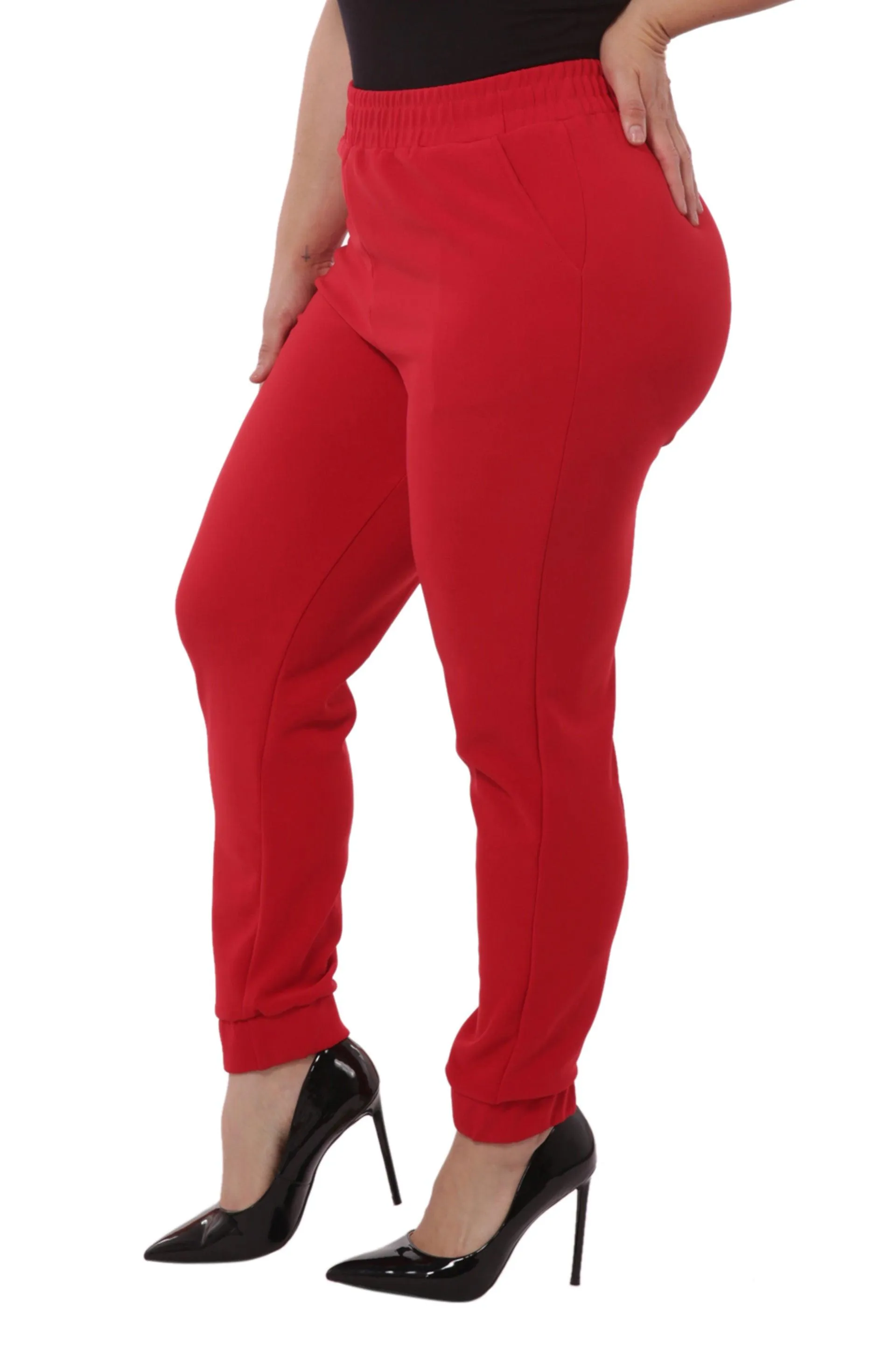 Plus Size Shirred Waist & Cuff Joggers With Pockets - Red