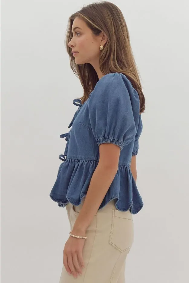 Puff Sleeve Peplum Top in Denim by Entro