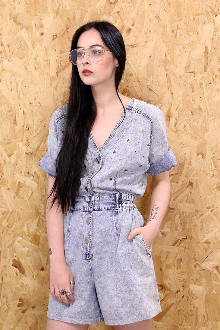 Rainbow Rhinestone Acid Wash Denim Playsuit