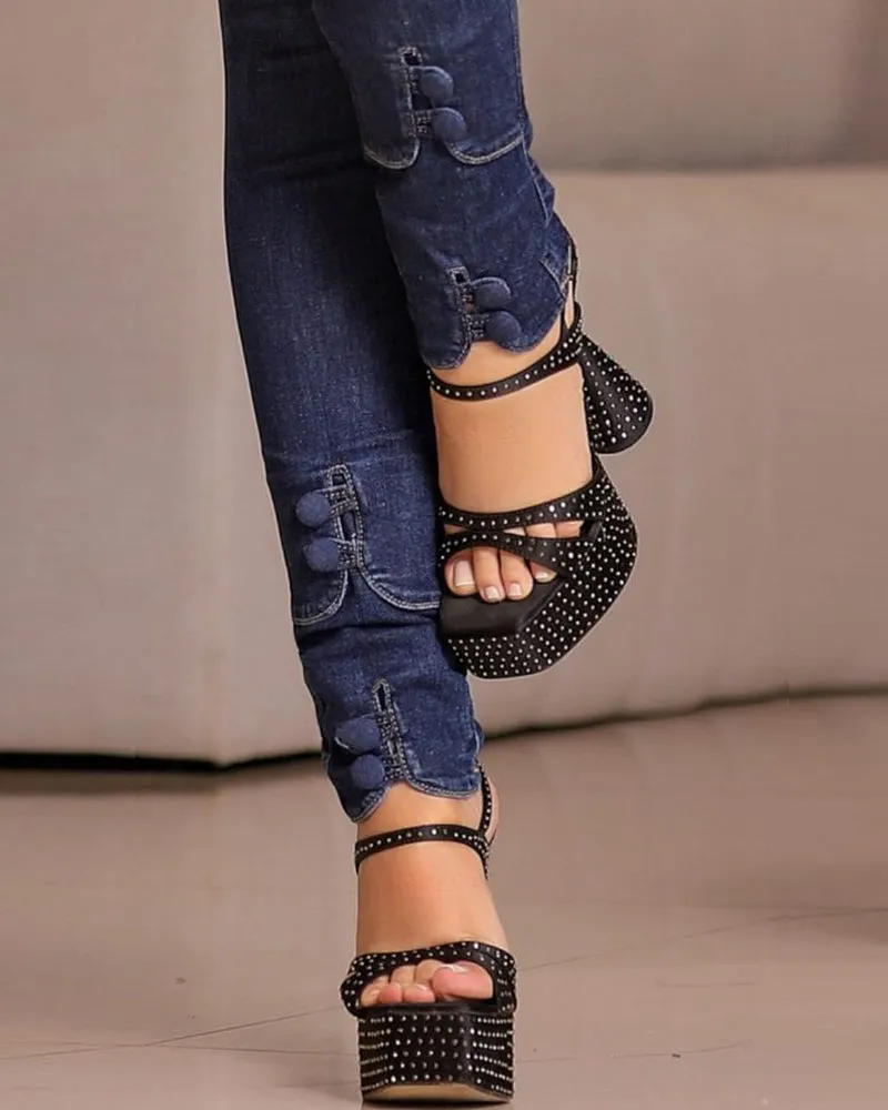 Rhinestone Belt Shape Jeans