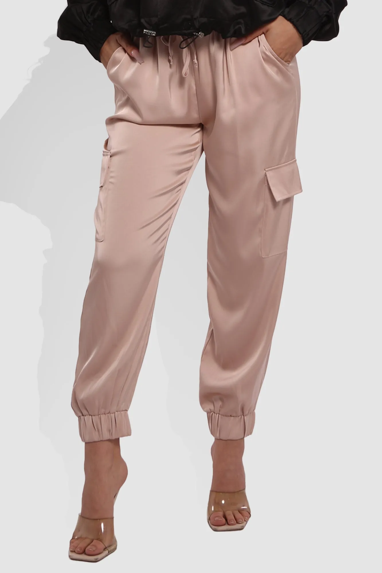 Satin Cargo Joggers With Self Waist Tie - Blush