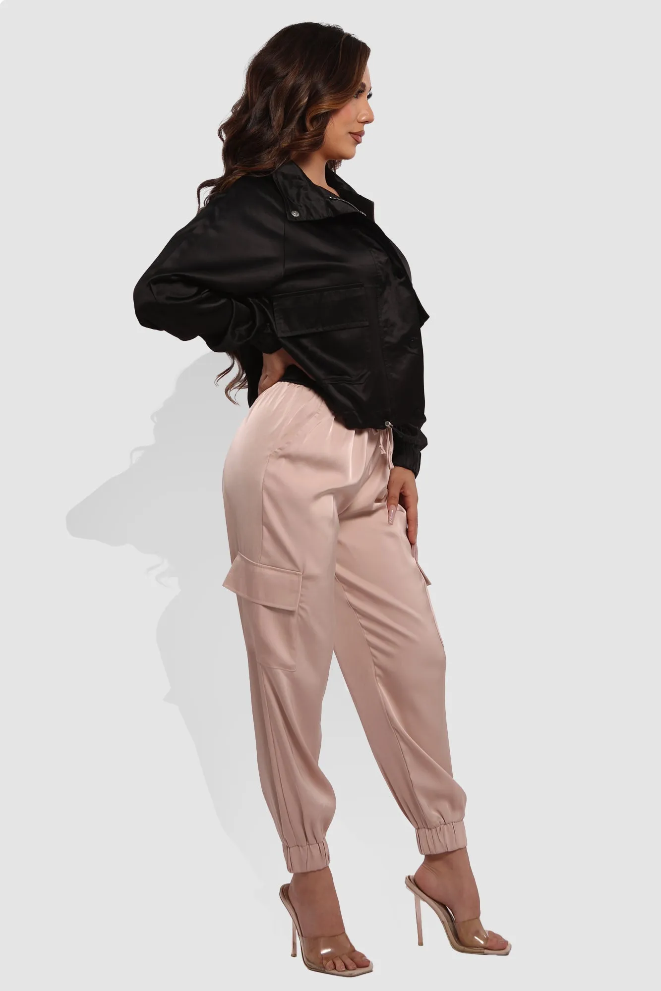 Satin Cargo Joggers With Self Waist Tie - Blush