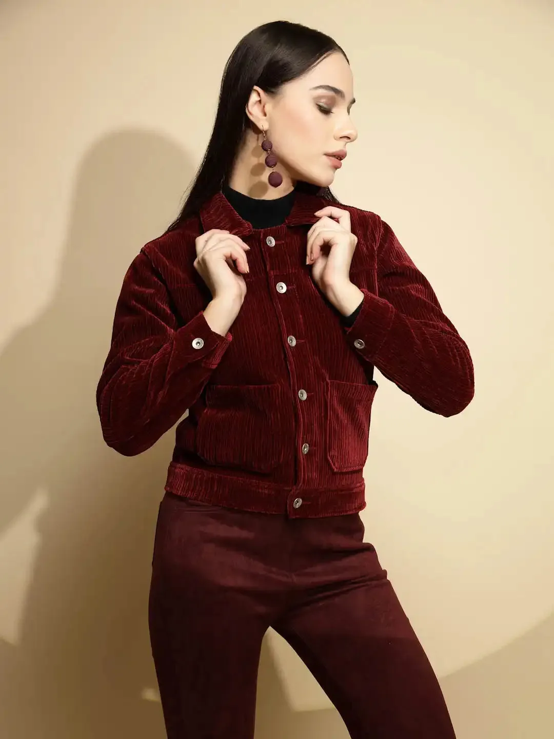 Solid Maroon Full Sleeve Collar Neck Suede Jacket