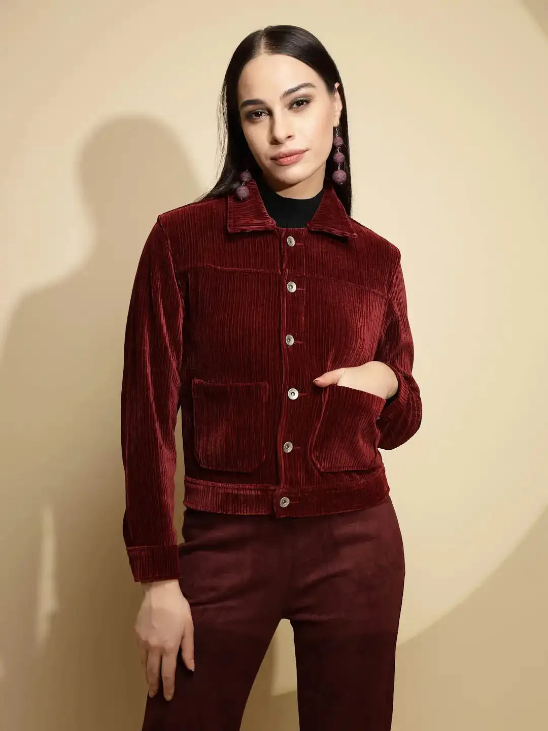 Solid Maroon Full Sleeve Collar Neck Suede Jacket