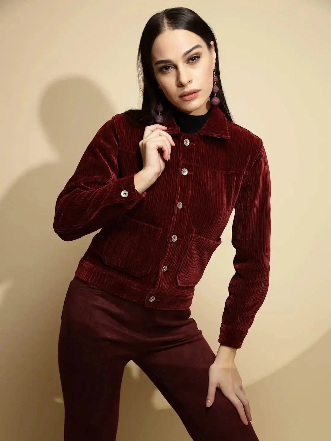 Solid Maroon Full Sleeve Collar Neck Suede Jacket