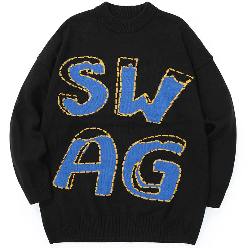 Stylish Cartoon Letter Jacquard Crew Neck Sweater