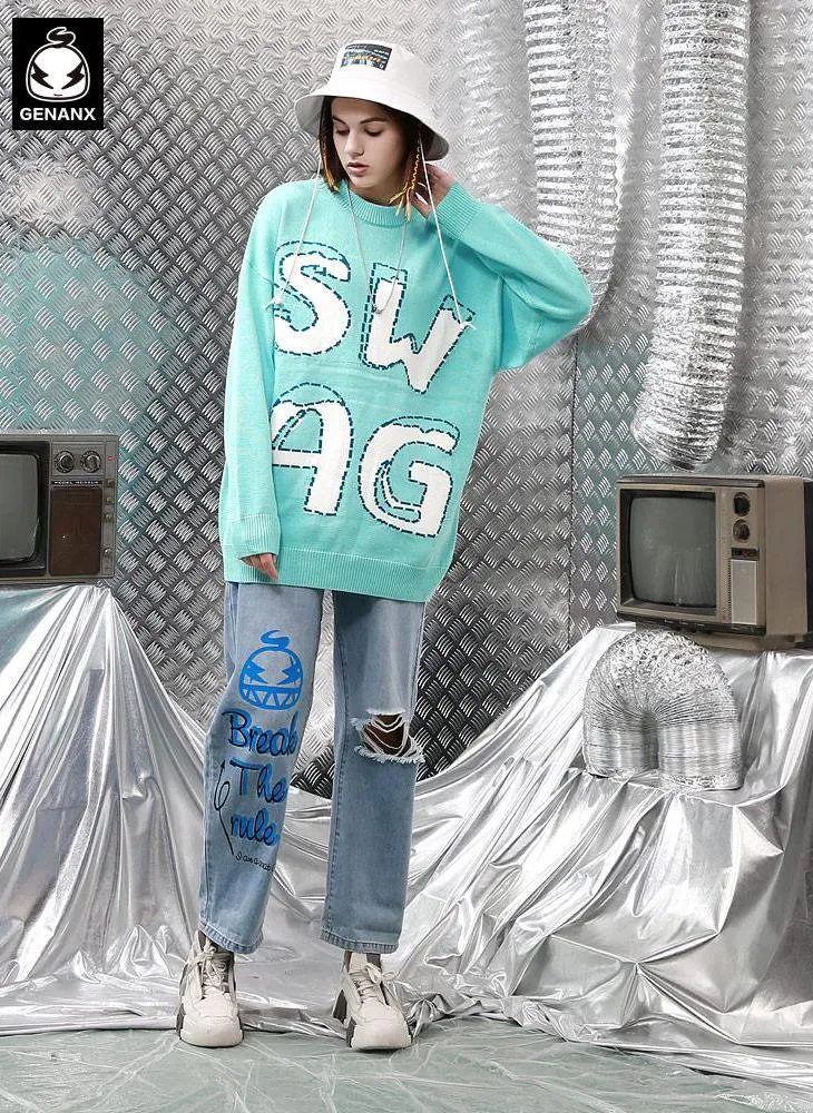 Stylish Cartoon Letter Jacquard Crew Neck Sweater