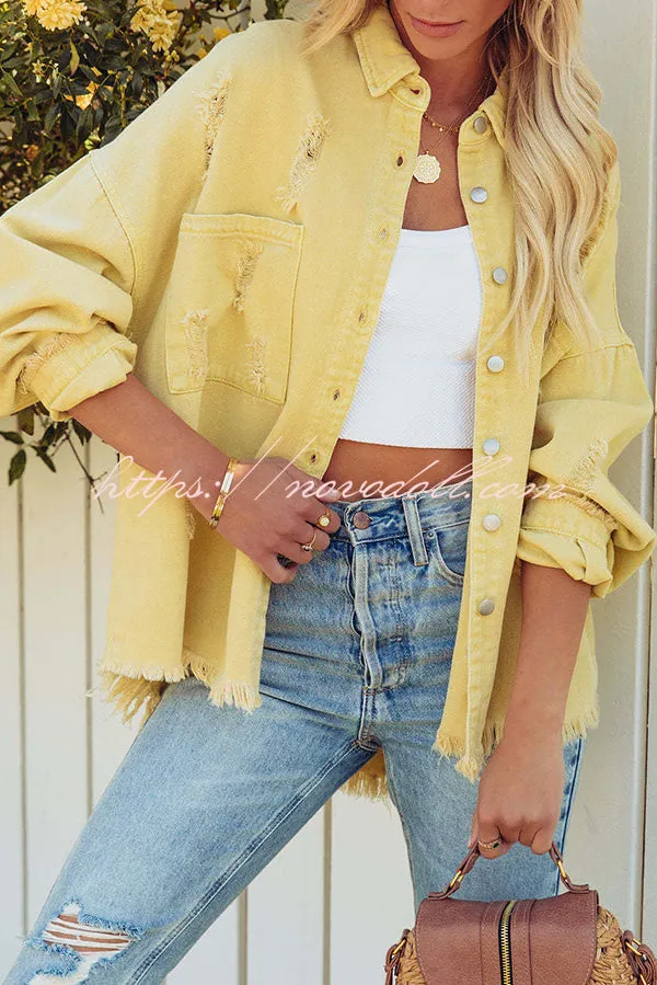 Stylish Lapel Long Sleeve Ripped Denim Jacket