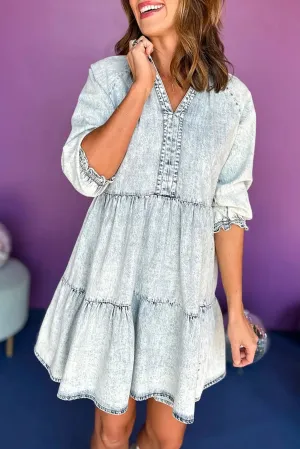 Vintage Dusk Blue Acid Wash Flared Denim Dress